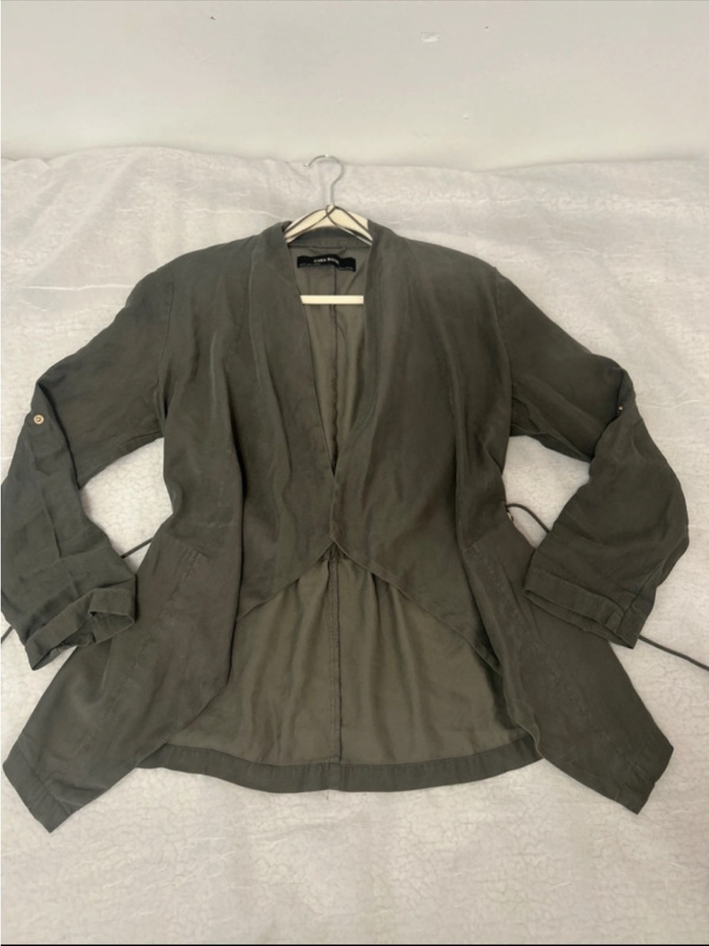 Zara Olive Green Open-Front Draped Jacket